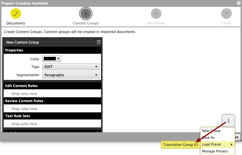 Choose preset from action menu