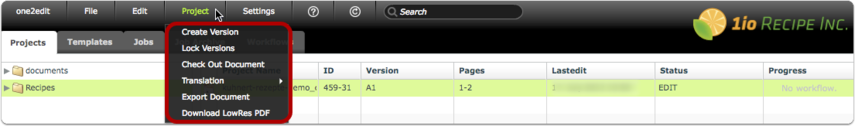Menu: 'Project'
