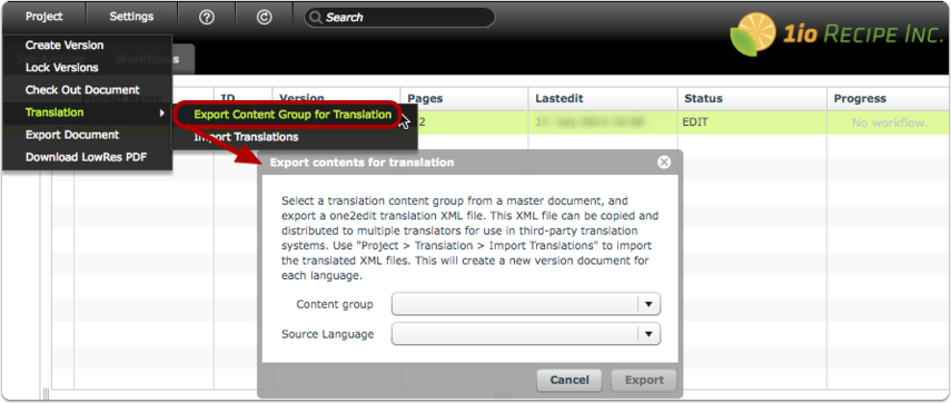 'Project > Translation > Export Content Group for Translation'